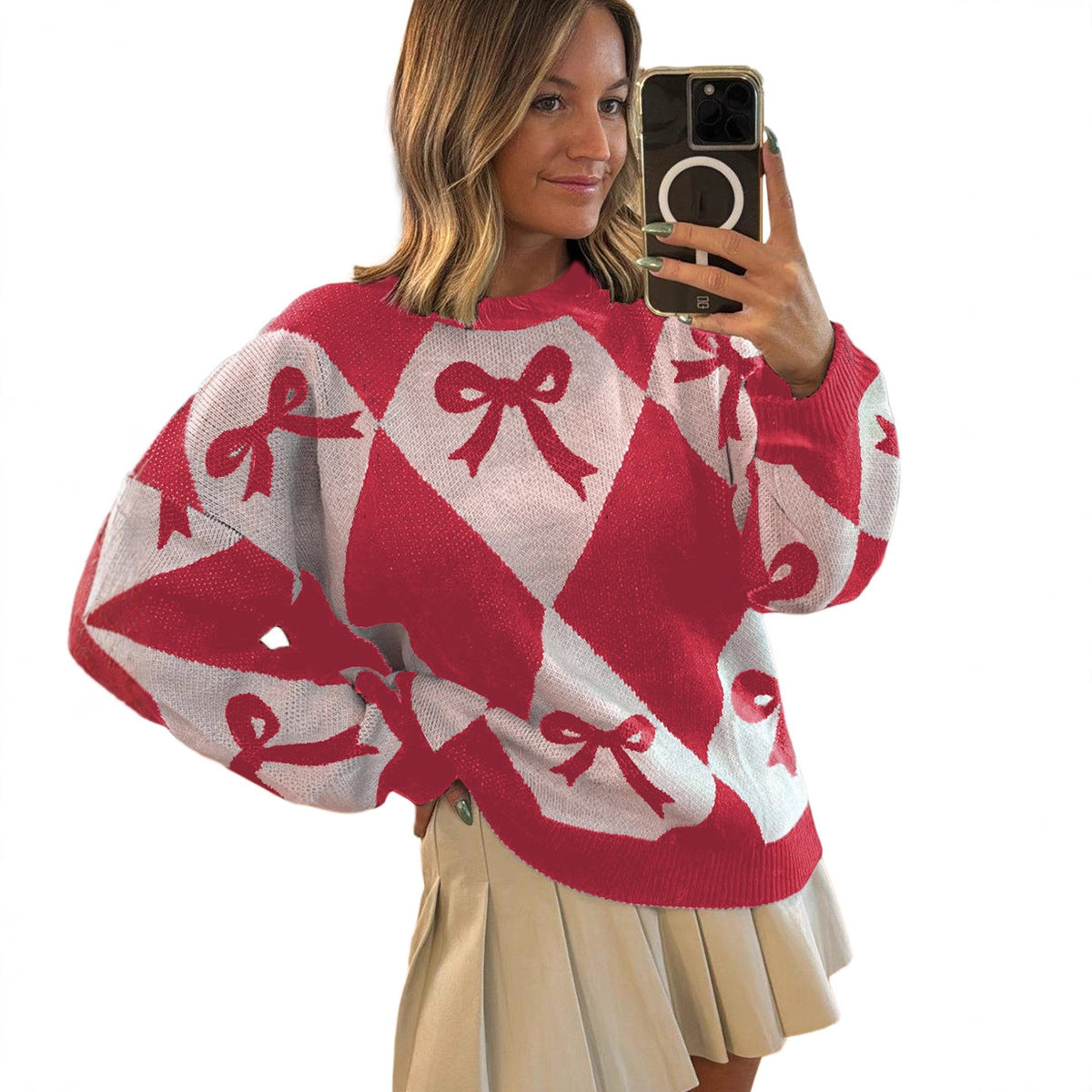 Womens Trendy Pullover Sweater With A Bow-knot Print And Long Knitted Sleeves