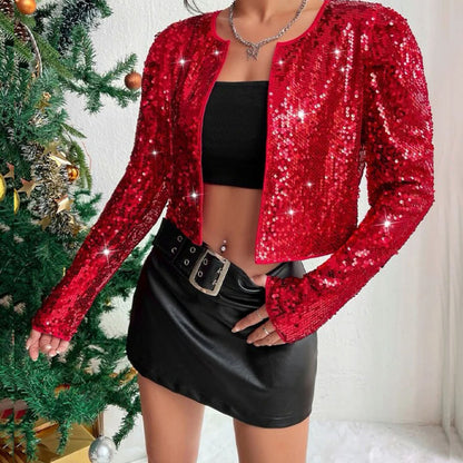 Trendy Rock-Style Crew-Neck Short Sequin Jacket