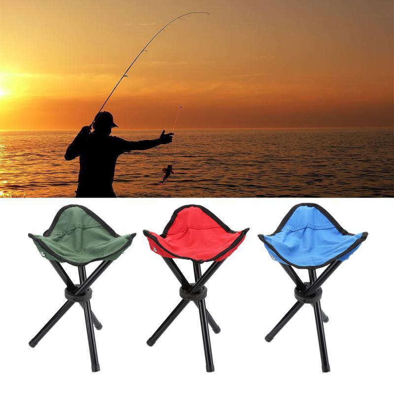 Fishing scene with a person casting a line at sunset, followed by three portable folding stools in green, red, and blue.