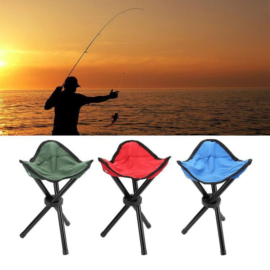 Fishing scene with a person casting a line at sunset, followed by three portable folding stools in green, red, and blue.