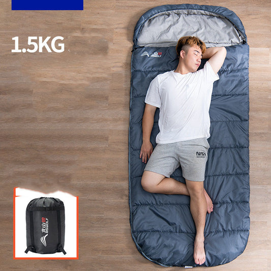 Person lying in a blue sleeping bag with a small inset showing the sleeping bag compressed into a backpack on a wooden floor.