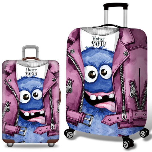 Two luggage covers with a blue monster character in a pink jacket on a white background