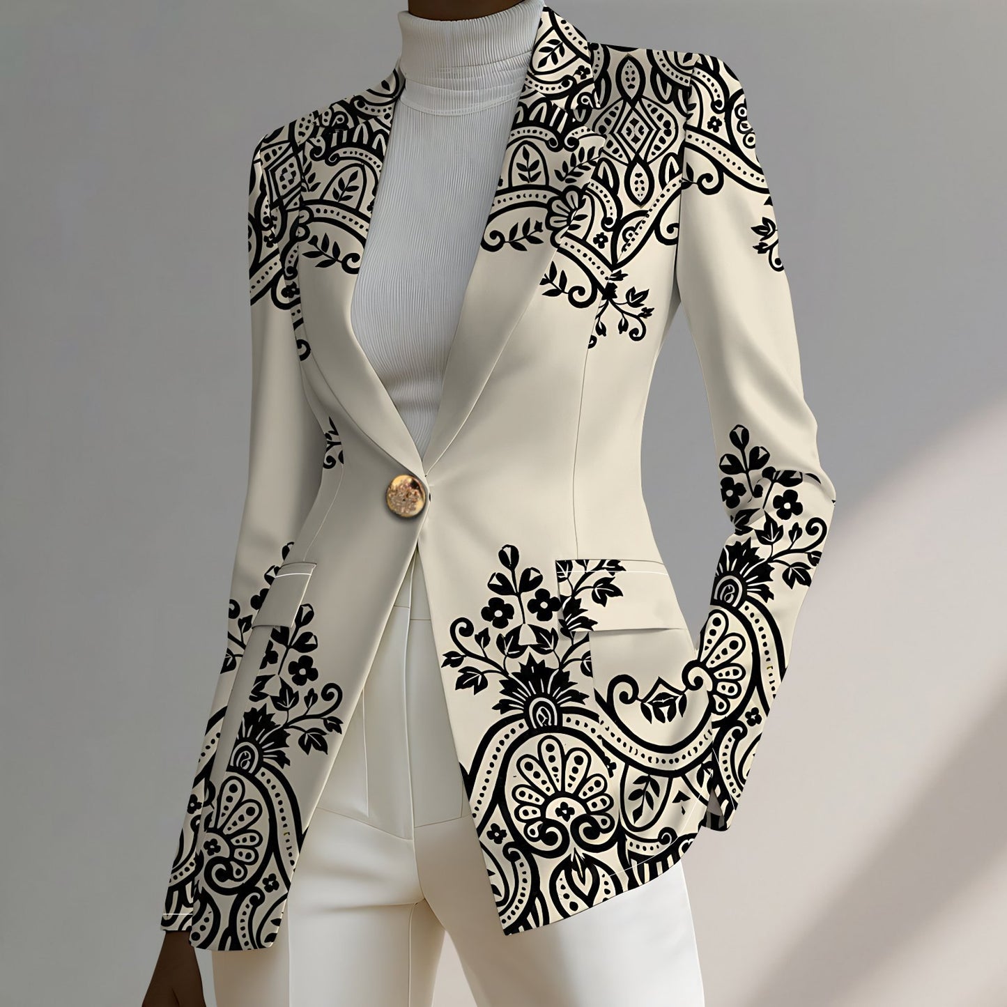 Elegant And Sophisticated Printed Knit Womens Jacket With A Lapel Neckline