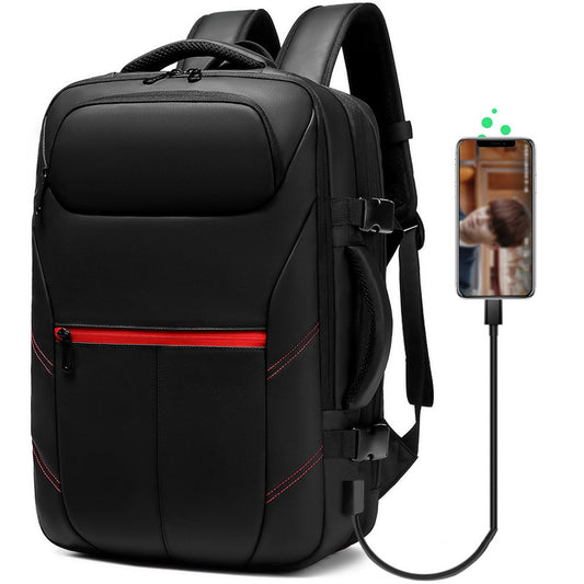 Black backpack with USB port and smartphone showing charging icon on a white background