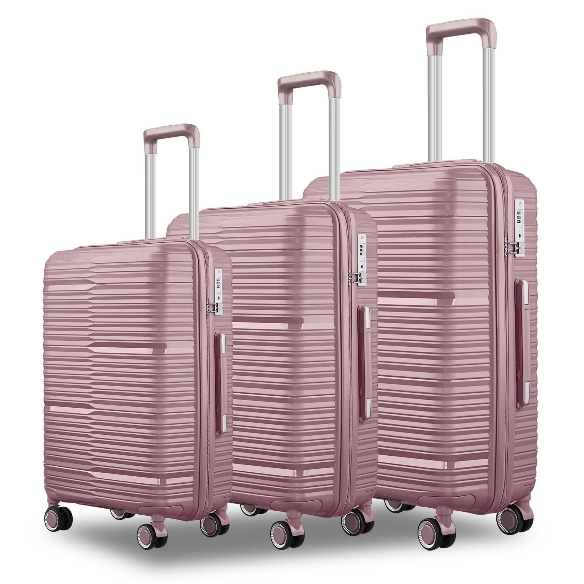 Set of three pink suitcases with a textured surface on a white background