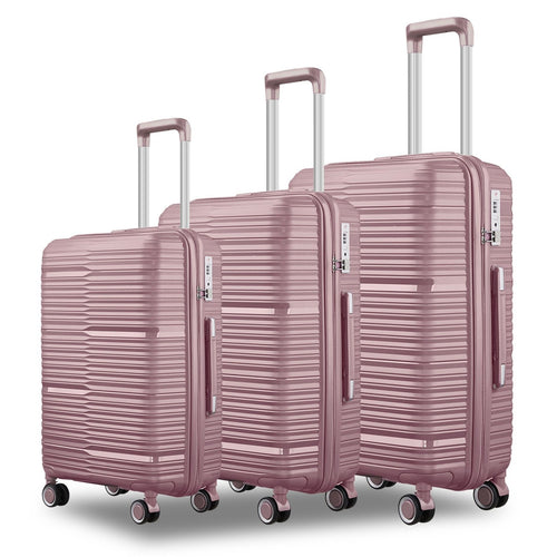 Set of three pink suitcases with a textured surface on a white background