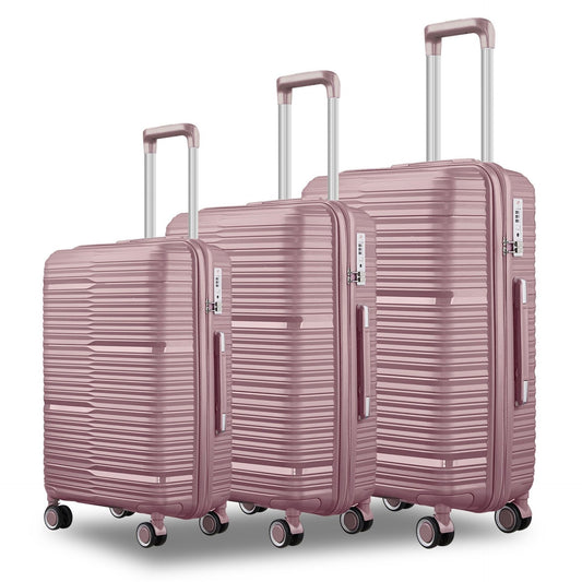Set of three pink suitcases with a textured surface on a white background