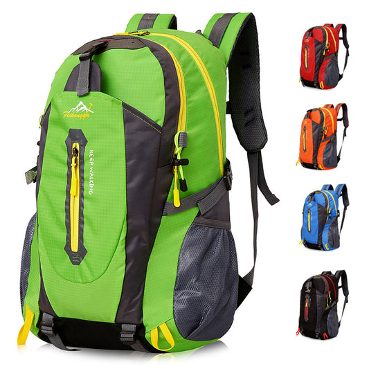 Green and black backpack with yellow accents on a white background