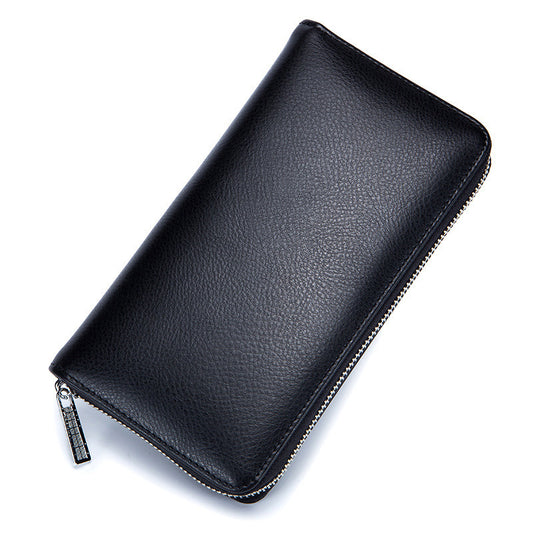 Black leather wallet with a zipper on a white background