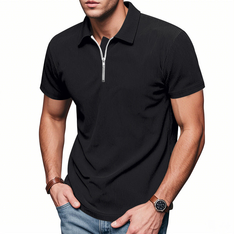 Mens Loose Corduroy Half-Zip Polo Short-Sleeve T-Shirt