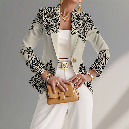 Elegant And Sophisticated Printed Knit Womens Jacket With A Lapel Neckline