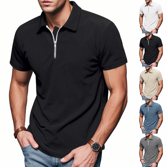 Mens Loose Corduroy Half-Zip Polo Short-Sleeve T-Shirt