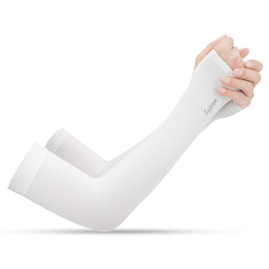 White arm sleeve being worn on a white background