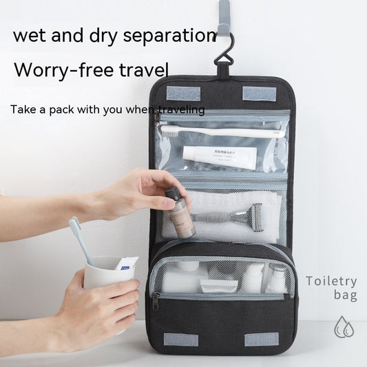 Black toiletry bag with compartments, person holding a pack, text about wet and dry separation.