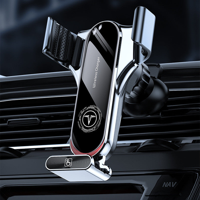 Wireless car charger mounted on a car's air vent with a dark background