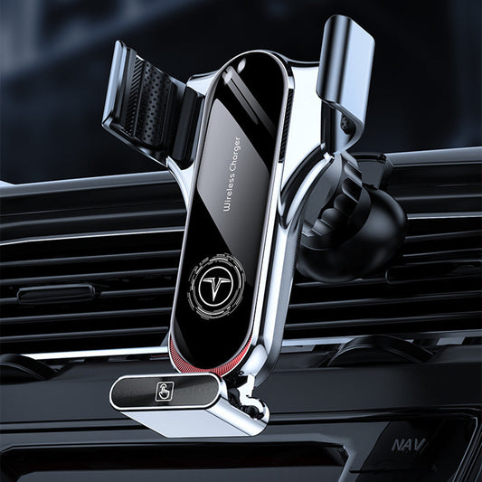 Wireless car charger mounted on a car's air vent with a dark background