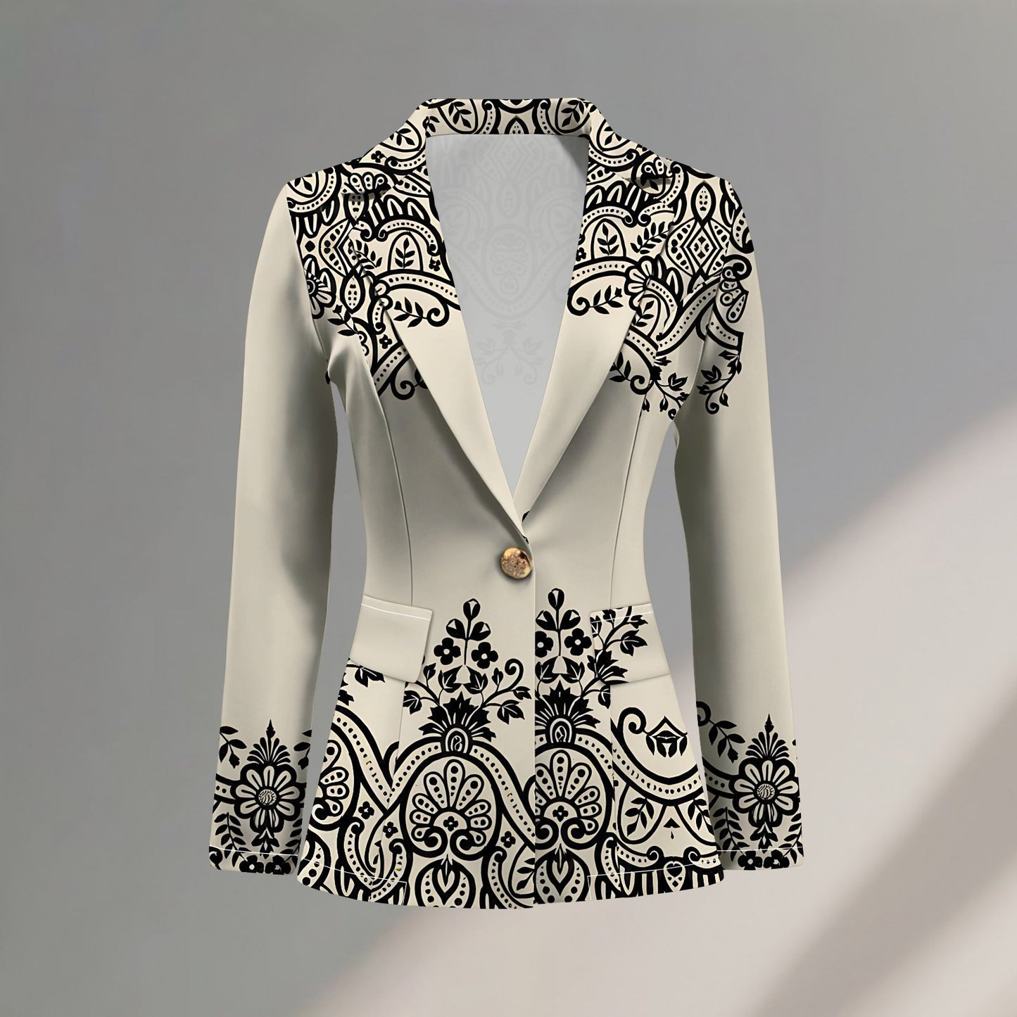 Elegant And Sophisticated Printed Knit Womens Jacket With A Lapel Neckline
