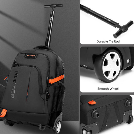 Black rolling backpack with orange accents, showing details like a durable tie rod and smooth wheel.