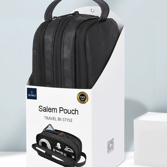 Black travel pouch on a white box with 'Salem Pouch' branding and Wiwu logo.