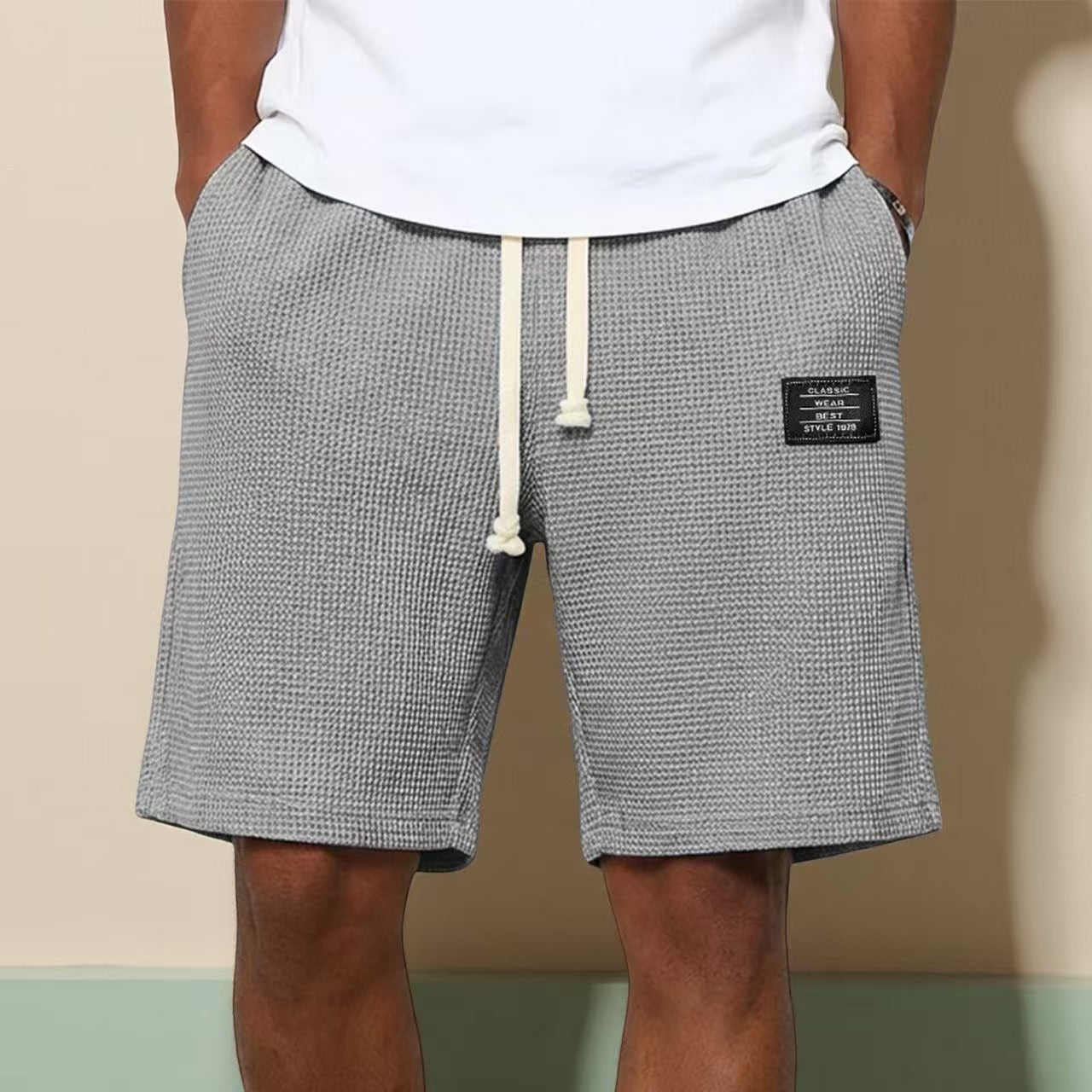 Mens Simple Waffle Knit Embroidered Casual Solid Color Shorts