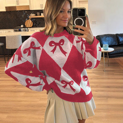 Womens Trendy Pullover Sweater With A Bow-knot Print And Long Knitted Sleeves