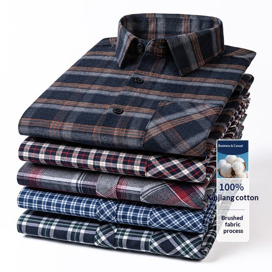 Retro Brushed Long-sleeve Shirt Casual Cotton Plaid Shirt