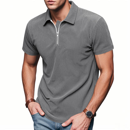 Mens Loose Corduroy Half-Zip Polo Short-Sleeve T-Shirt
