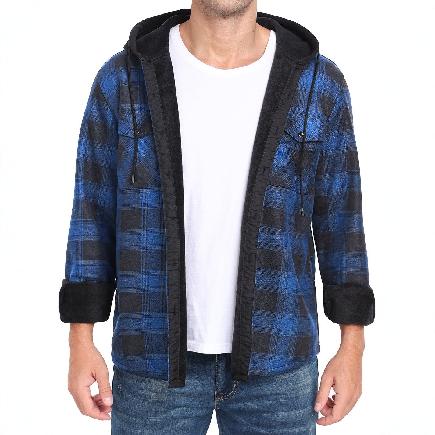 Mens FleeceLined Thickened Hooded Shirt