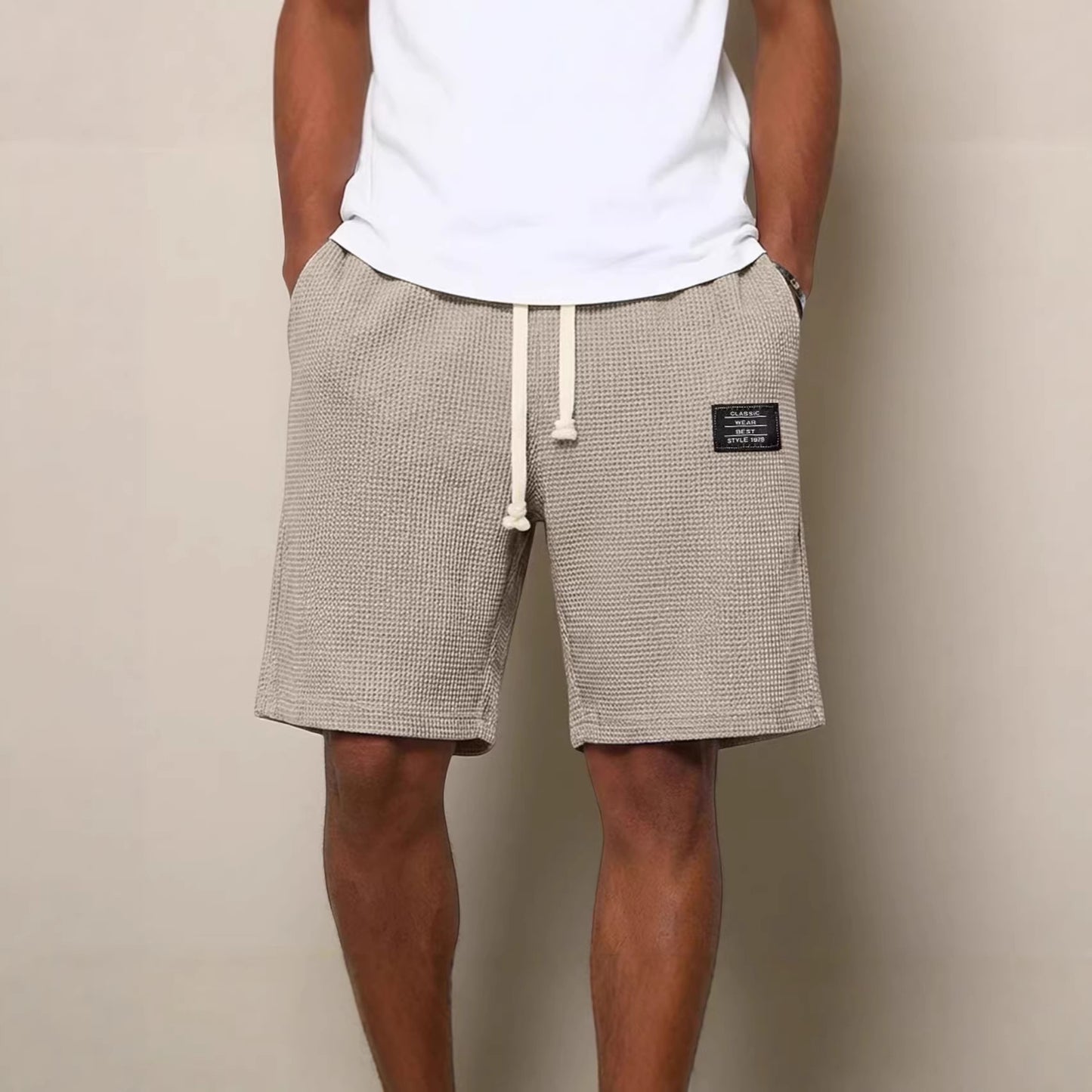 Mens Simple Waffle Knit Embroidered Casual Solid Color Shorts