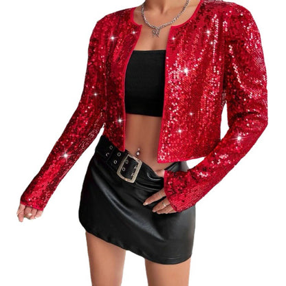 Trendy Rock-Style Crew-Neck Short Sequin Jacket